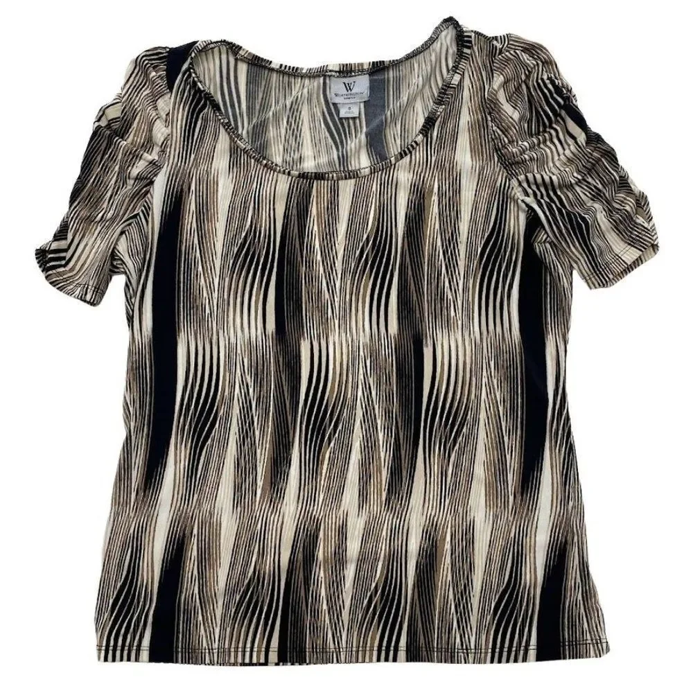 Worthington Brown Cream Black Stretch Knit‎ Ruched Sleeve Top sz Small